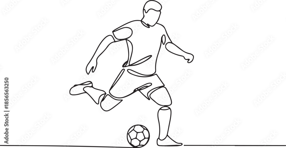 Fototapeta premium Continuous single line drawing of football player kicking soccer ball athlete motion sketch graphic
