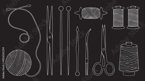 White outline craft supplies yarn needles scissors tweezers on black background knitting sewing