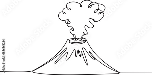 Volcano erupting with thick smoke cloud drawn in continuous single line art style