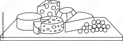 Minimalist outline drawing of assorted cheeses and fresh grapes ready for wine tasting celebration