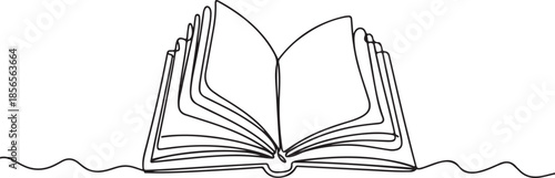 Continuous one line drawing of open book with flying pages for education reading concept