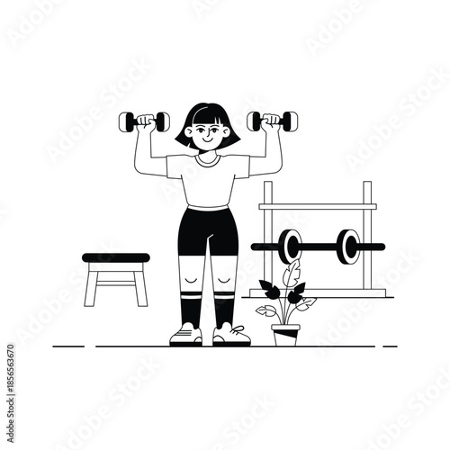 Glyph illustration of a woman lifting dumbbells overhead for shoulder strength training