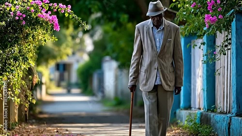A man in a suit and hat walking down a street with a cane
