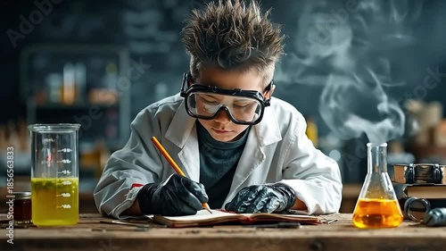 A young boy in a lab coat and goggles writing in a notebook
