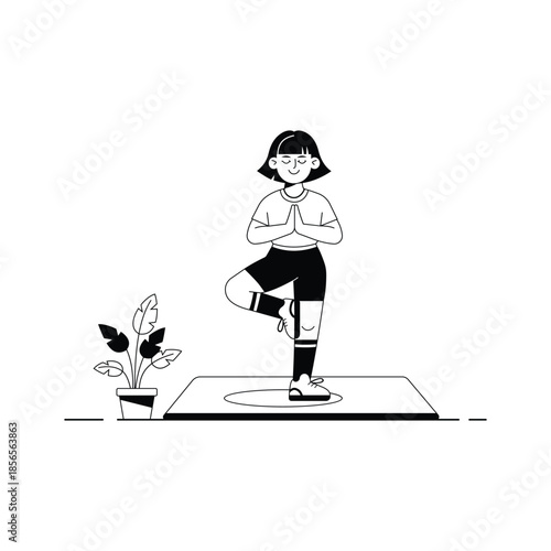 A woman practicing yoga balance pose for flexibility and mindfulness, ready to use trendy illustration