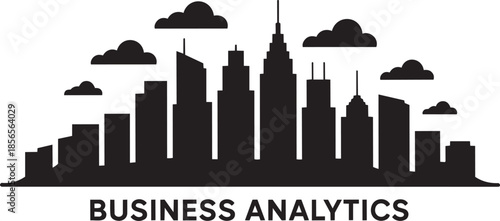 Business analytics city skyline silhouette with clouds and text graphic motion background