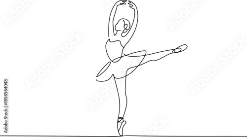 Elegant single line drawing of ballerina performing classical arabesque pose on toes