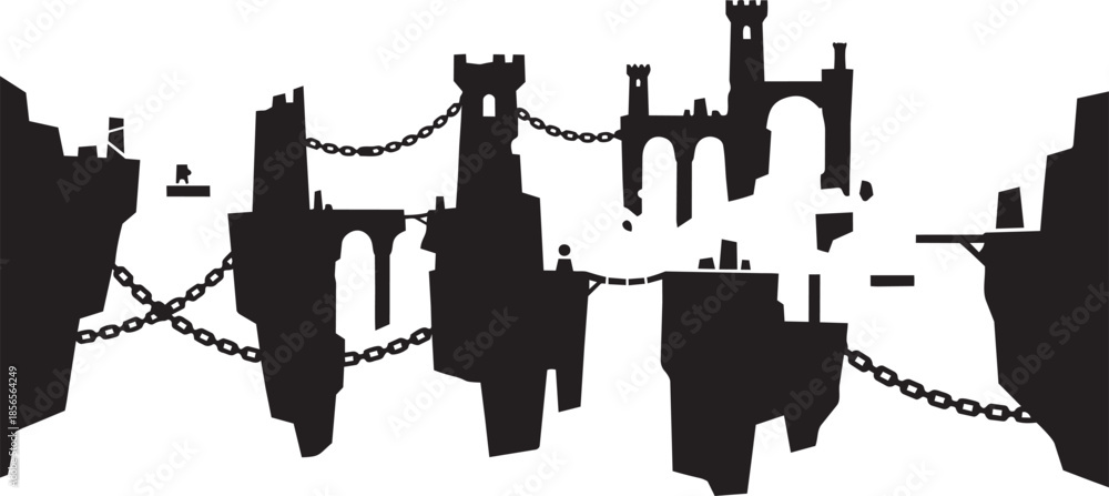 Εκτύπωση καμβά Detailed silhouette of complex medieval fortress structures on dangerous floatin