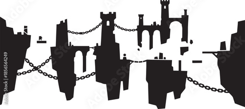 Detailed silhouette of complex medieval fortress structures on dangerous floating islands game level background