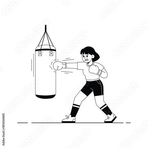 A well designed glyph illustration of a woman practicing boxing workout with punching bag