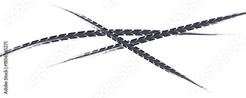 Grunge tire track, wheel braking marks. Truck, car or motorcycle tread pattern silhouette. Auto race, motorsport, speed racing design element.