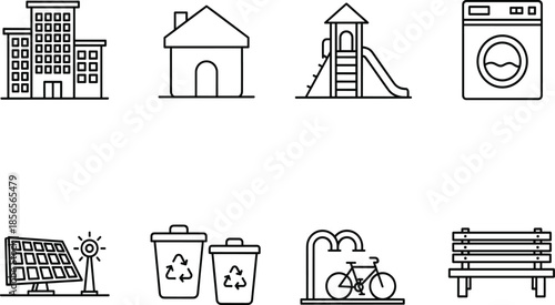 Set of black line icons for residential living featuring apartment building house playground washing machine solar panels recycling bins bicycle parking and park bench