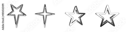 Set of Glossy Metallic Chrome Silver Star, Y2K Aesthetic Elements on Isolated Background PNG