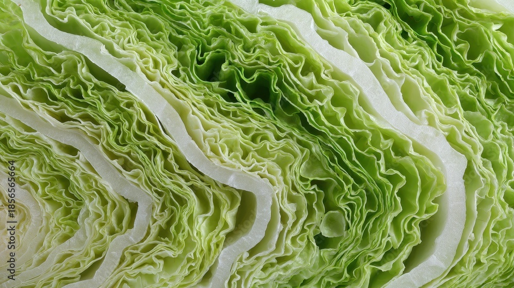 Fototapeta premium Close-up view of a fresh green cabbage slice revealing its intricate layers.