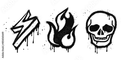 Collection of Spray painted graffiti skull head, fire flame and flash in black over white. isolated on white background. vector illustration