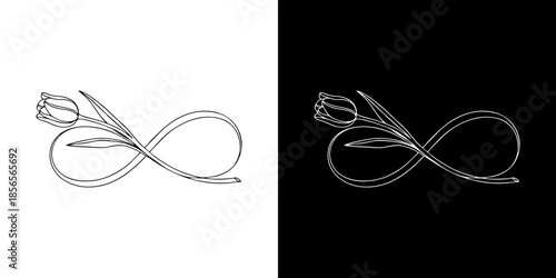 Elegant line art illustration of a delicate tulip intertwined with an infinity symbol, representing everlasting love, continuous beauty, and endless growth in a versatile monochrome design