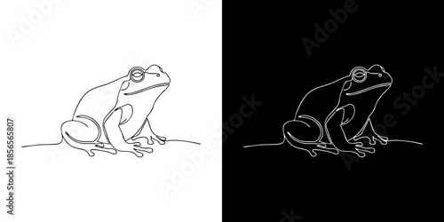 Minimalist continuous line art illustration of a frog, a sleek single-stroke drawing in high-contrast black and white, ideal for modern graphic design