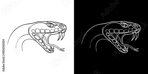 Striking Line Art Illustration of a Venomous Snake Head with Open Mouth and Sharp Fangs, Portraying Danger and Primal Power