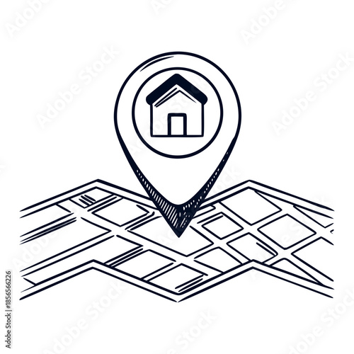 Home Location Pinpoint: A detailed sketch illustrates a map with a pinpoint marker over a home icon, indicating a specific location or place.