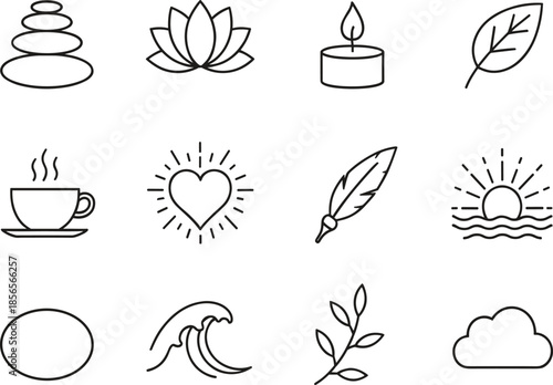 Set of black line spa and wellness icons featuring lotus flower zen stones candle leaf tea heart sun feather wave and cloud for meditation and relaxation