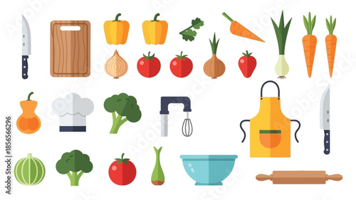 Colorful kitchen items including vegetables cooking tools and culinary accessories