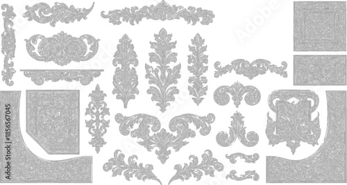 Hand drawn alphabet set featuring a vintage floral border and ornate vector elements in a retro Victorian style illustration for decorative art design