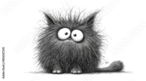 A whimsical black-and-white ink cartoon of a cute, confused cat with a delightfully frazzled expression. Generative AI