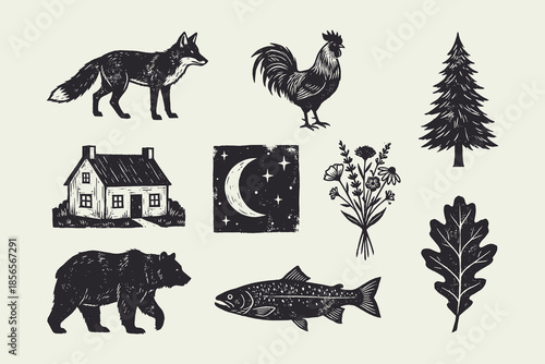 Rustic Nature Iconography Collection in Vintage Woodcut and Linocut Style