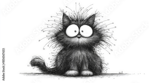 A whimsical black-and-white ink cartoon of a cute, confused cat with a delightfully frazzled expression. Generative AI