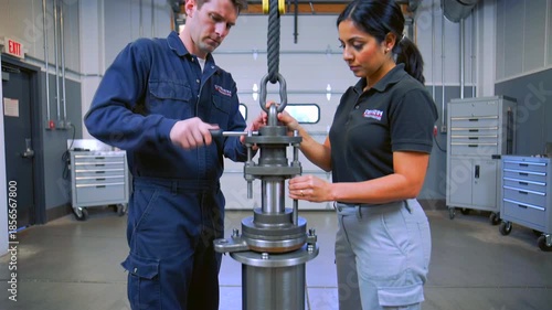 Men and women from diverse backgrounds jointly conduct industrial training tasks, Multicultural team of workers collaboratively engages in pump assembly and calibration processes with dedication
