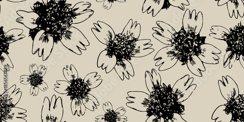 Hand-Drawn wildflower blossoms Seamless Pattern in Minimalist Ink Style on a neutral beige background. Vintage botanical block prints. ideal for textile design, wallpaper, and bohemian-themed