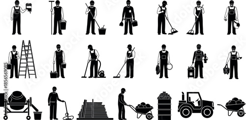 Construction Maintenance Worker Icons Set Featuring Professional Janitors Handymen Builders with Tools Equipment Machinery Industrial Service Personnel for Commercial Building Work