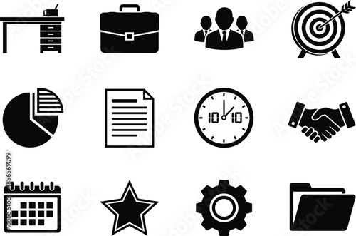 Set of black business icons for professional office corporate management success including desk briefcase team target chart document clock handshake calendar star gear folder