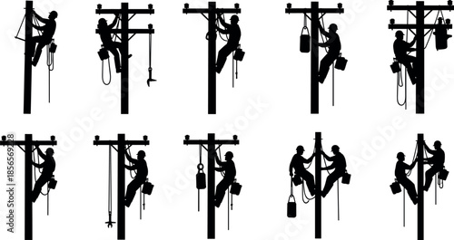 Professional Silhouettes of Electrical Lineworkers Performing Maintenance Repair and Installation Tasks on Power Utility Poles for Energy Infrastructure Industry Graphic