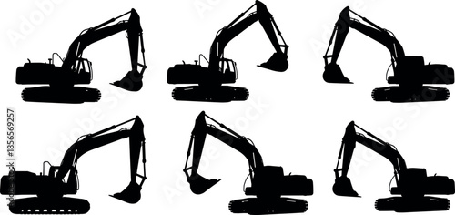 Set of detailed excavator silhouettes in various positions and arm angles for construction machinery graphics, heavy equipment vector design elements.