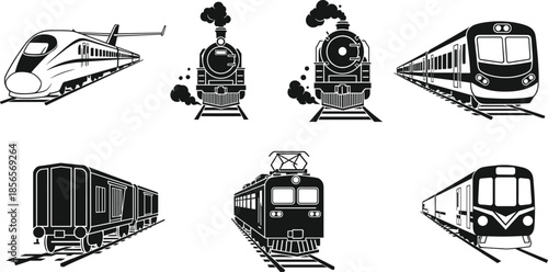 Train icons, steam locomotive, high-speed rail, metro, electric pantograph, rear view, subway front, black vector illustration set