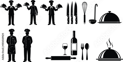 Chef silhouettes, kitchen utensil icons, cooking tools, serving tray, wine glass, rolling pin, spoon, fork, ladle, restaurant vector set