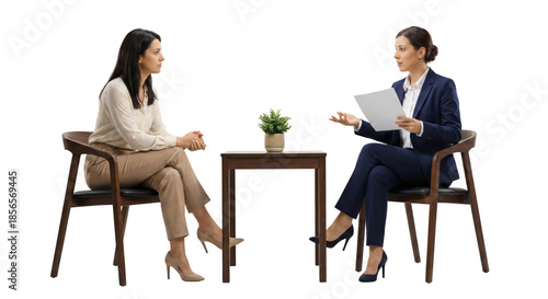 professional interview or counseling session with two women engaged in discussion isolated