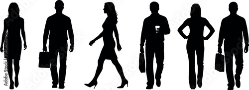 Silhouettes of professional business people walking with briefcases and coffee representing diverse corporate workforce commuting to work in modern office environment