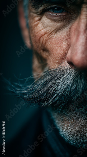 Macro portrait of mature man with gray beard and mustache emphasizing character, experience, and detailed skin texture.
