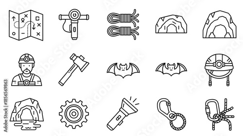 Set of black line caving icons featuring cave entrance explorer with helmet bat map rope climbing gear axe flashlight and carabiner for underground adventure
