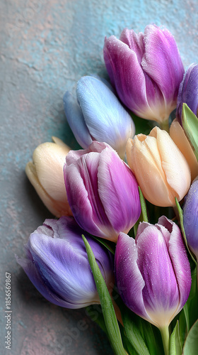 Delicate bouquet of pastel tulips with dewdrops on petals, minimalist spring floral still life for greeting backgrounds.
