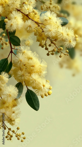 Delicate mimosa branch with fluffy yellow blossoms on light background, spring floral design with elegant copy space.
