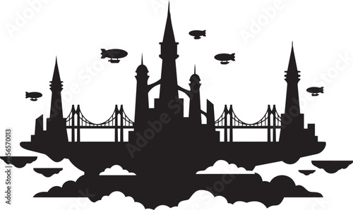 Symmetrical grand floating castle silhouette a magical sky kingdom with airships flying above clouds backdrop