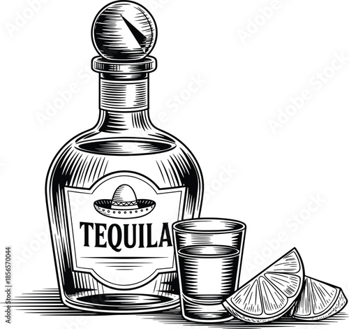 tequila bottle with sombrero icon, shot glass and lime wedges, classic sketch artwork for bar, pub, and design projects