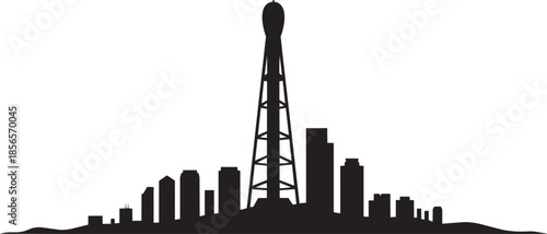 Urban cityscape skyline silhouette dominated by central transmission tower black vector graphic element illustration background