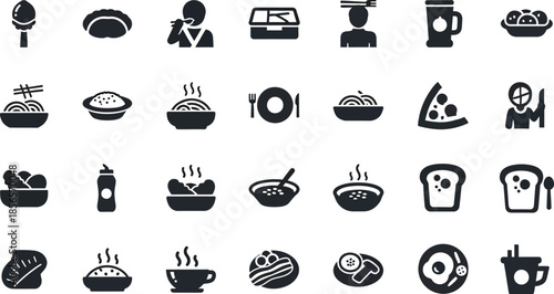 Collection of various black silhouette icons representing diverse global food items meals and dining concepts for restaurant interface design