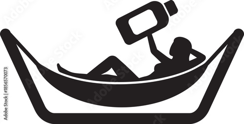 Woman relaxing in outdoor hammock drinking from large bottle during summer vacation silhouette