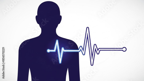 Dark blue silhouette of a person with a glowing blue and white ecg heartbeat line across their chest on a white background, representing health