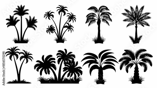Collection of various palm tree silhouettes on white background